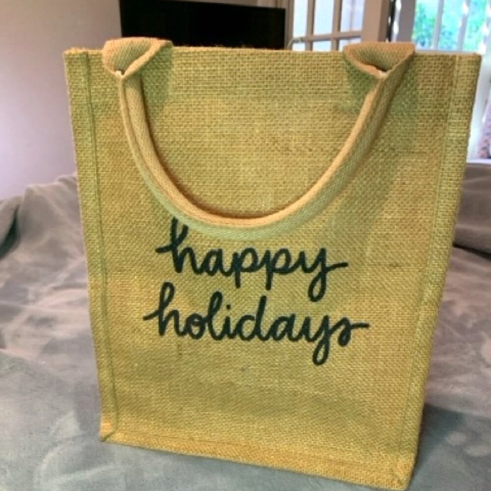 The Little Market "Happy Holidays" Jute Burlap Gift Bag Brown Black (KH11)